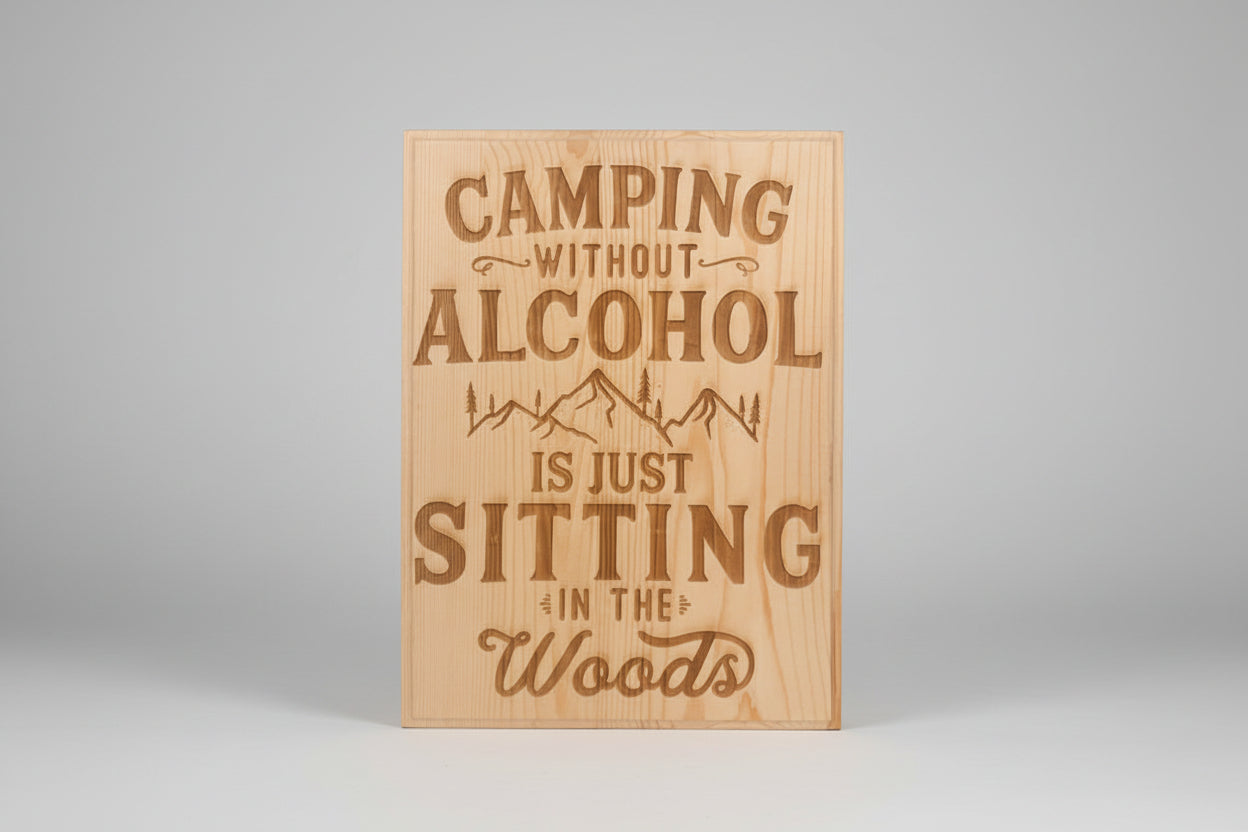 Wooden sign with engraved text about camping and alcohol.