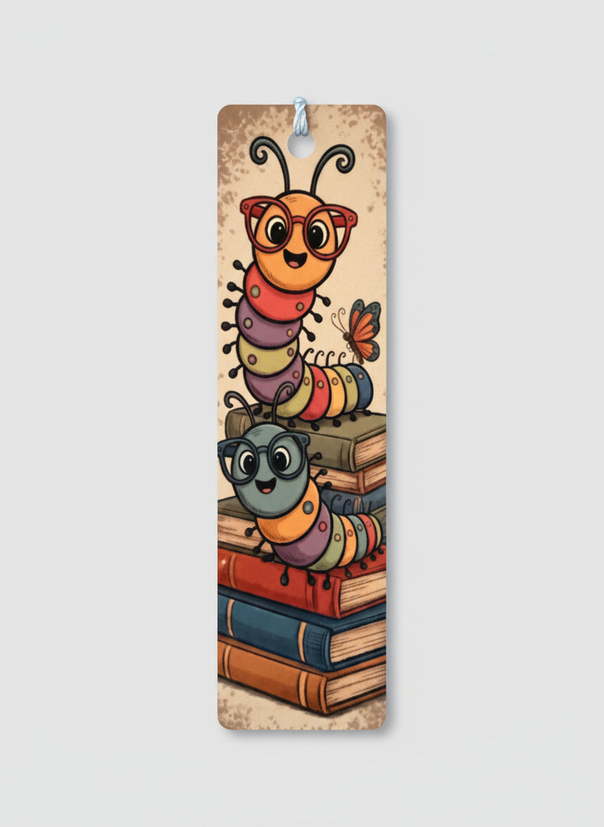 Bookmark with cartoon caterpillars and books on a light gray background