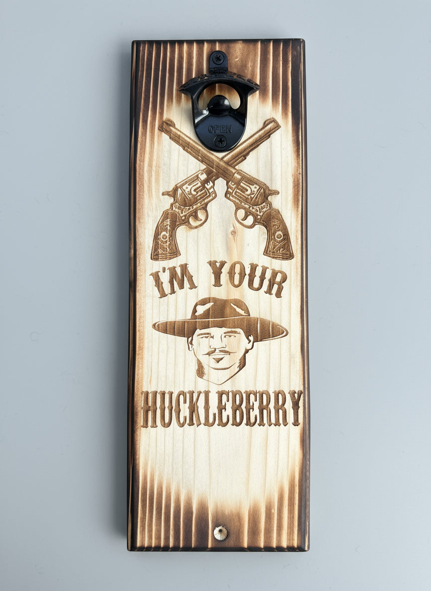 Wooden sign with crossed revolvers, a bottle opener, and text on a dark background