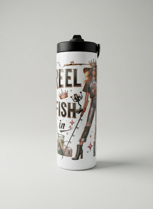 Tumbler with graphic design on a wooden surface outdoors