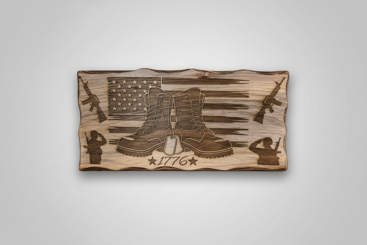 Wooden wall art with boots, American flag, and rifles on a neutral wall.