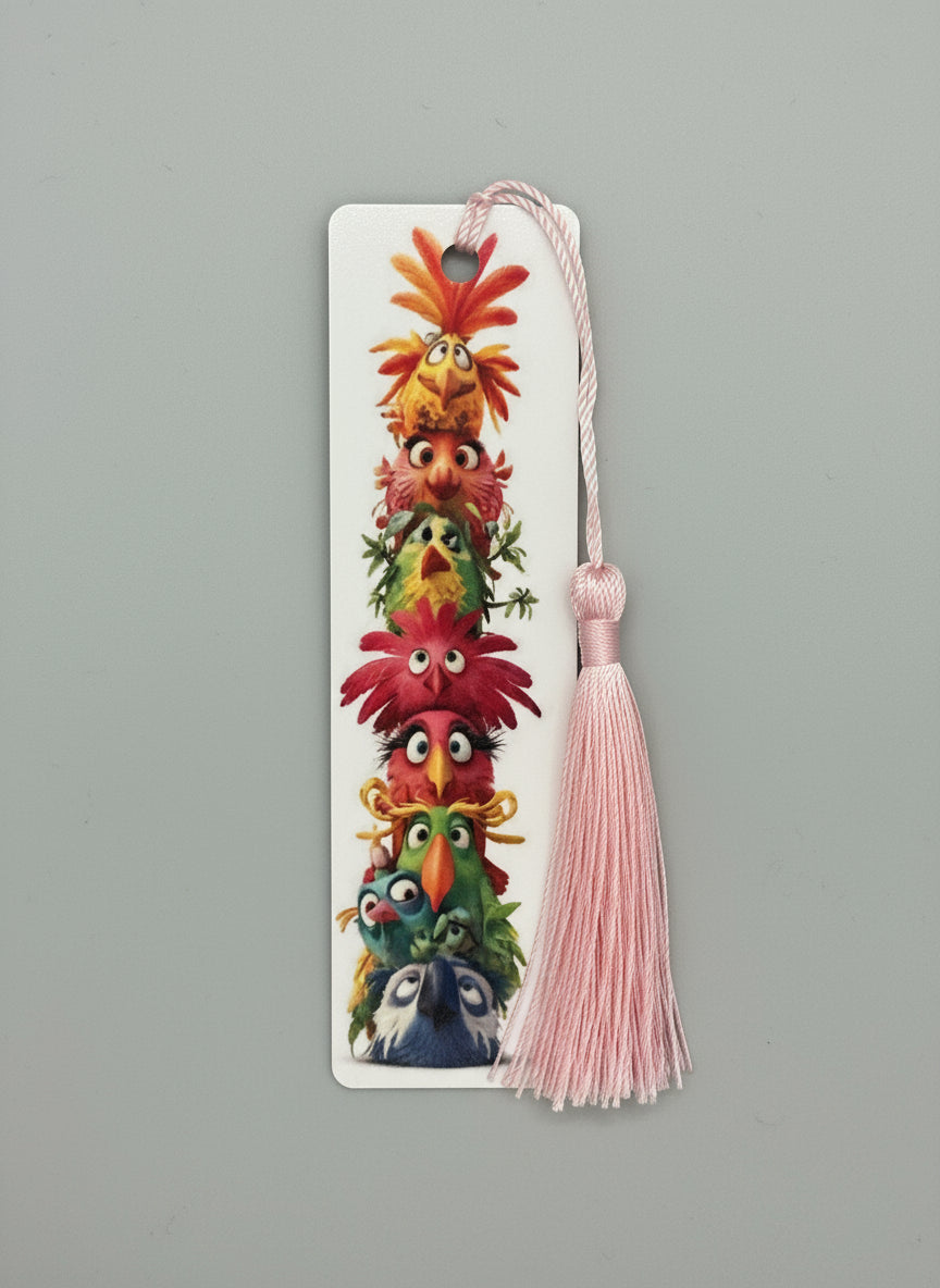Colorful bookmark with cartoon characters and a pink tassel on a gray background
