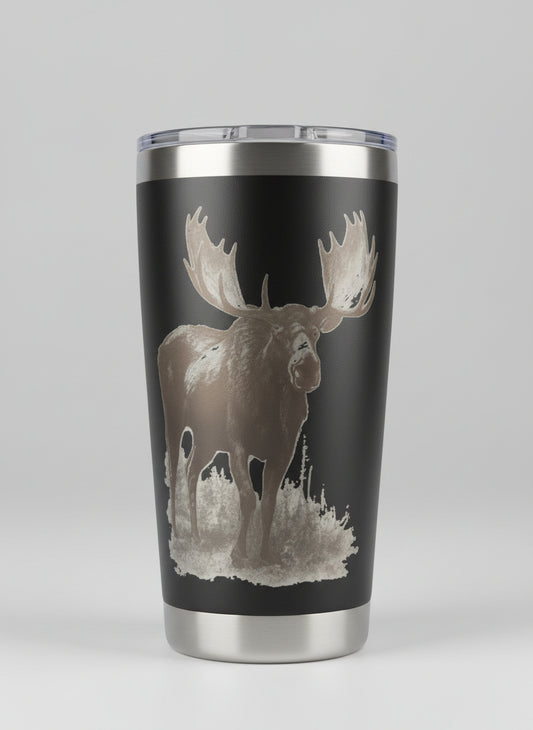 Tumbler with a moose design on a gray background