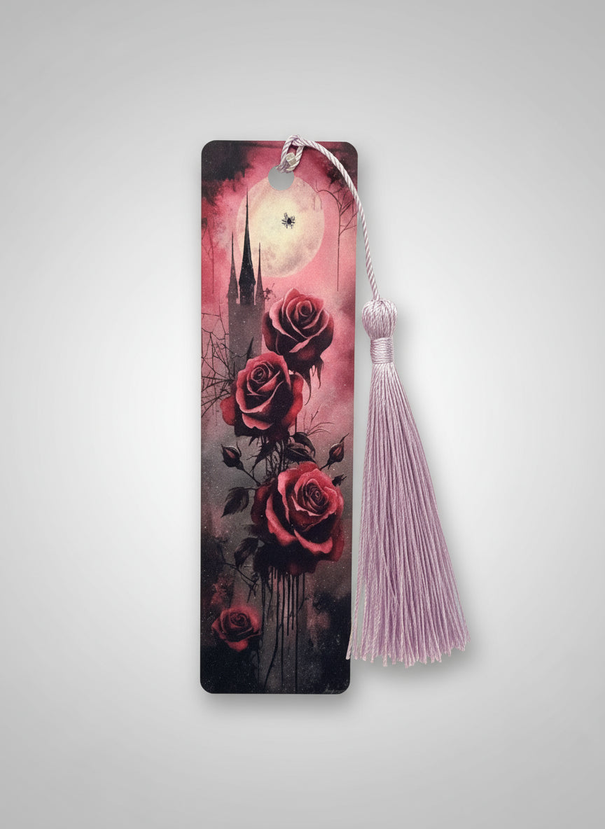 Decorative bookmark with roses and a castle design on a gray background