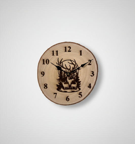 Wooden wall clock with elk design on a light background