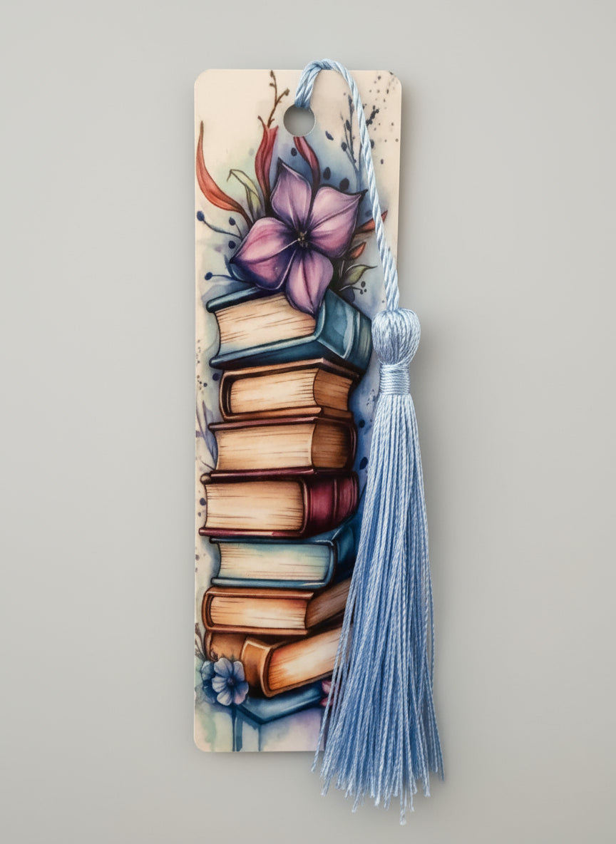 Decorative bookmark with books and flowers design on a gray background