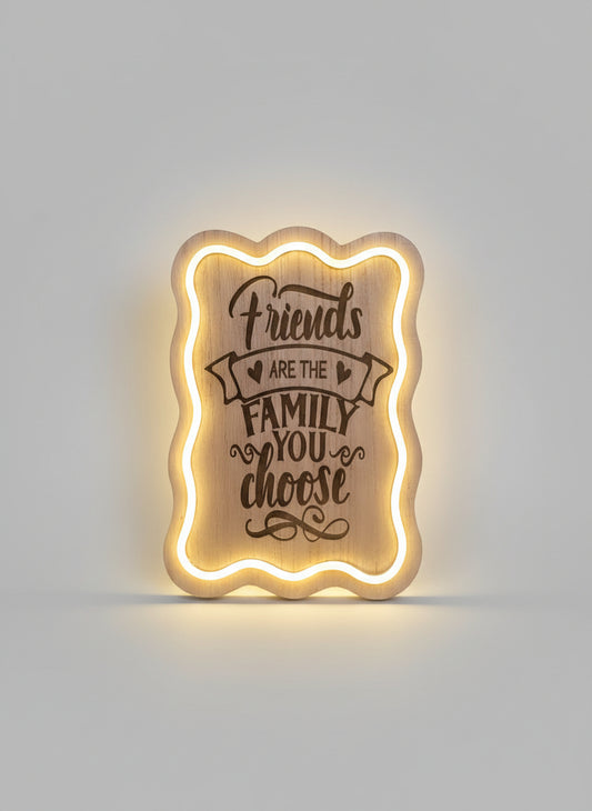 Wooden plaque with engraved text 'Friends are the family you choose' illuminated from behind.