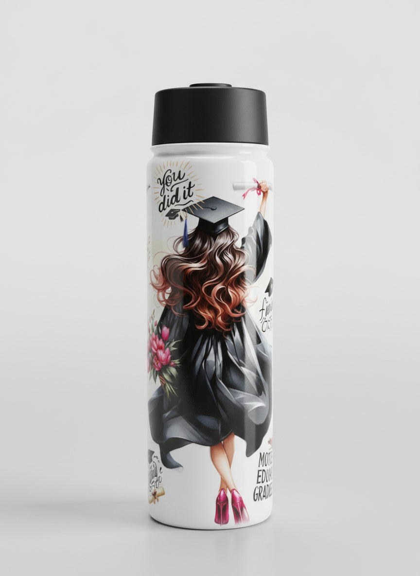 Graduation-themed tumbler on a grey background