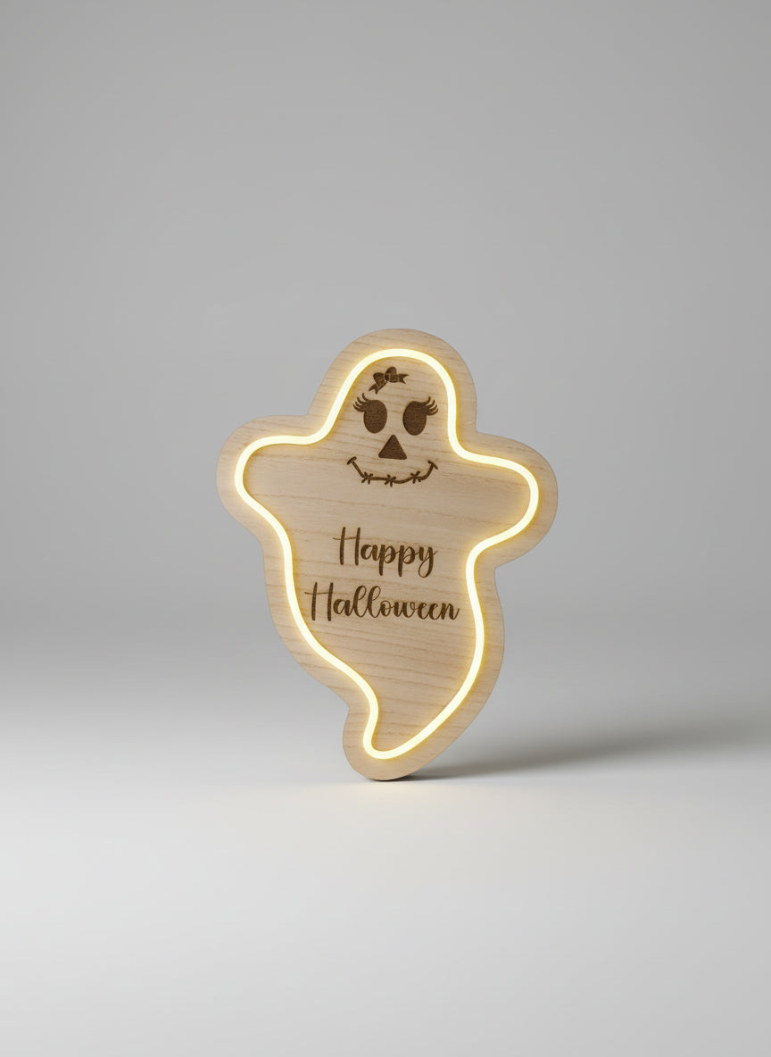 Wooden ghost-shaped sign with 'Happy Halloween' text, illuminated from within.