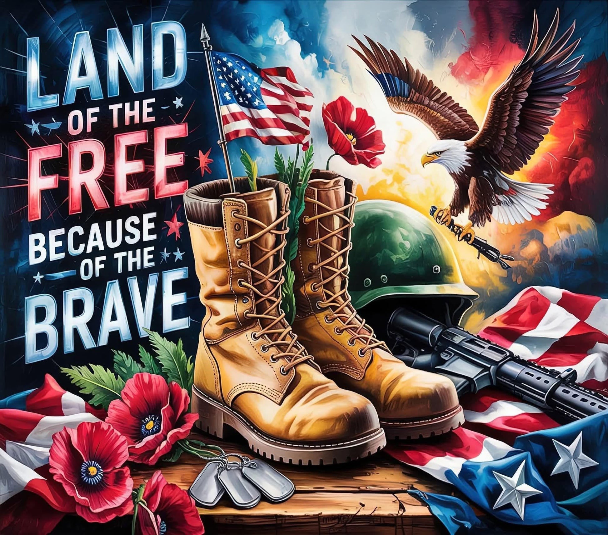 Illustration of military boots with American flags, eagle, and text about freedom and bravery.