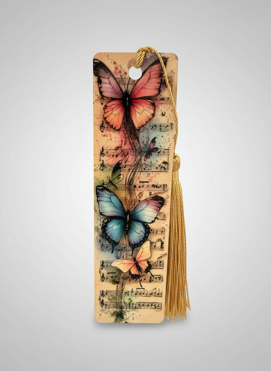 Bookmark with butterfly designs on a sheet music background
