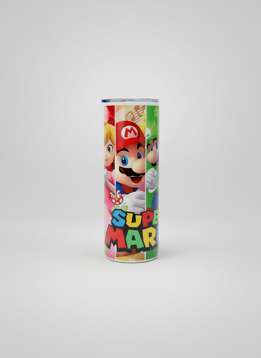 Colorful tumbler with Super Mario design on a grey background.