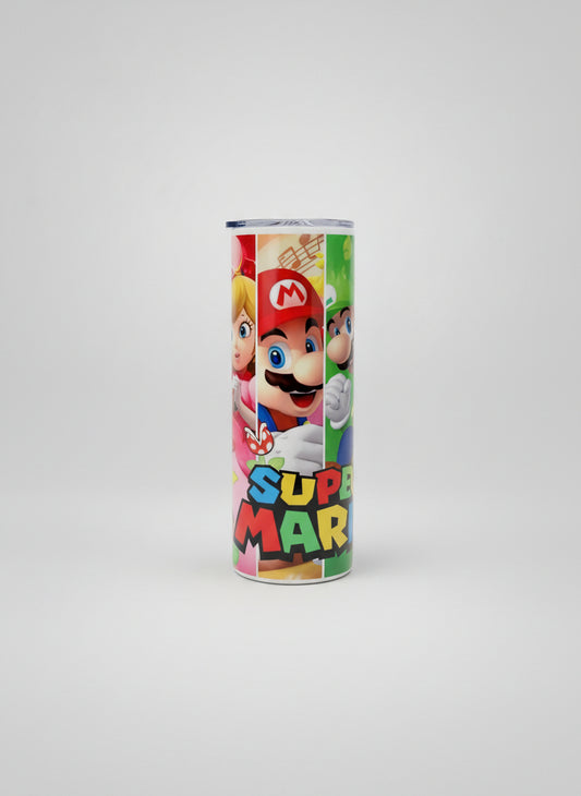Colorful tumbler with Super Mario design on a grey background.