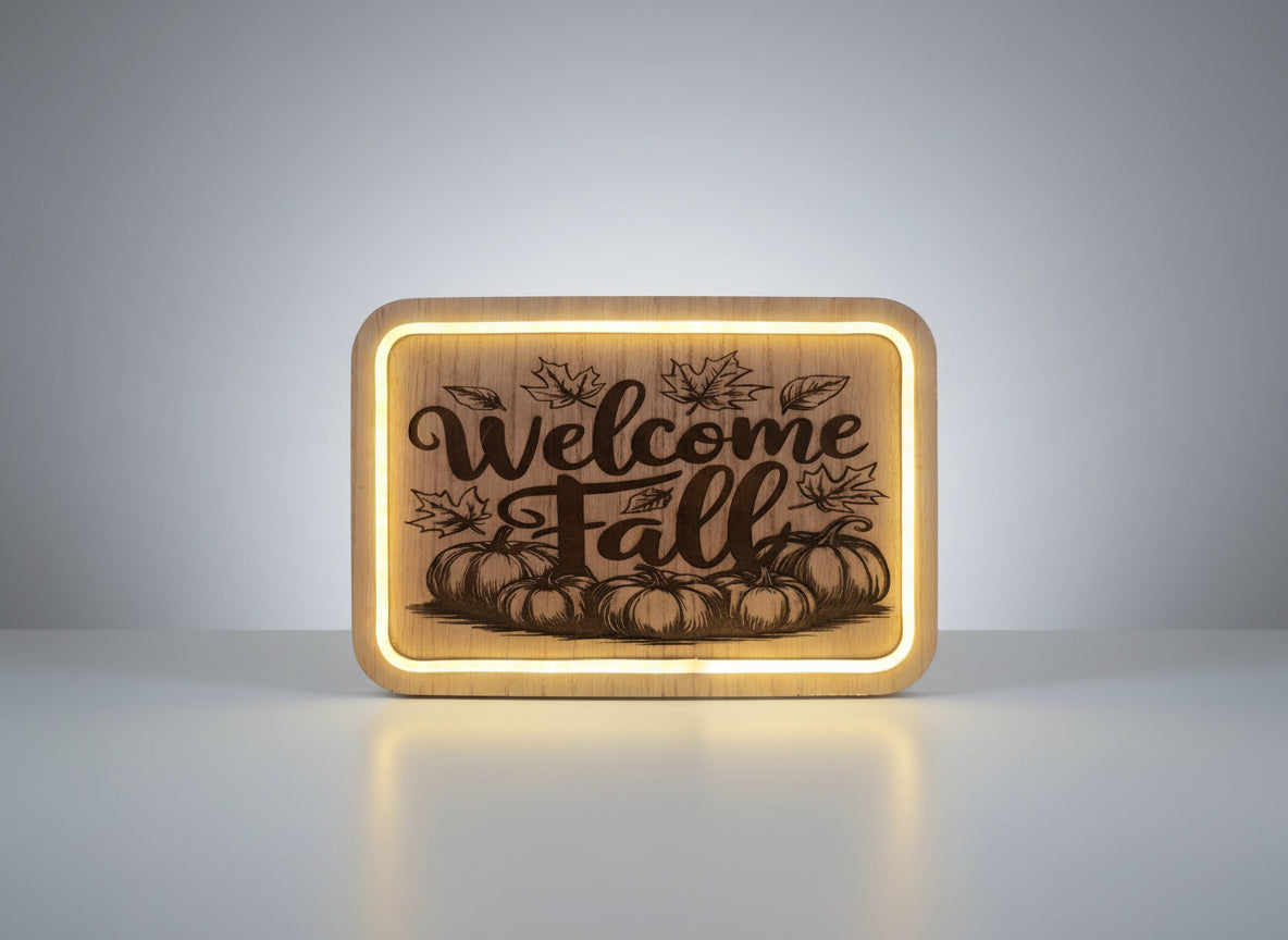 Wooden sign with 'Welcome Fall' engraving featuring pumpkins and leaves, illuminated from behind.