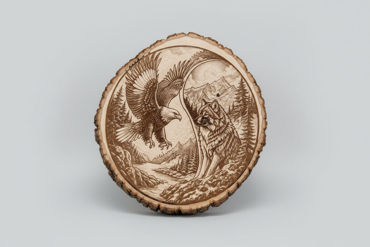 Wooden plaque with laser-cut design of an eagle and a wolf against a mountainous background.