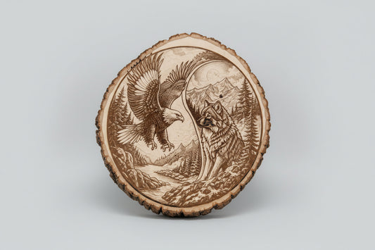 Wooden plaque with laser-cut design of an eagle and a wolf against a mountainous background.