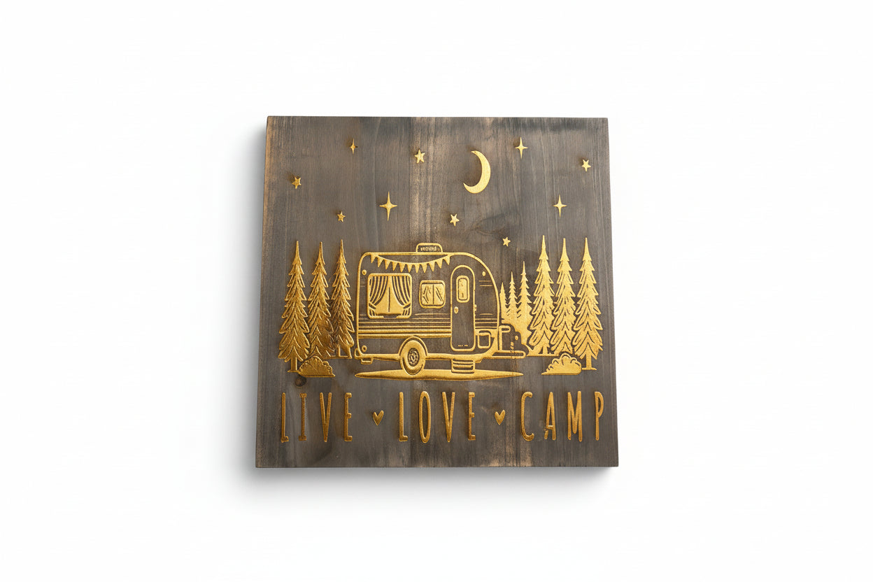 Wooden sign with engraved camper, trees, and 'Live Love Camp' text on a wooden surface.