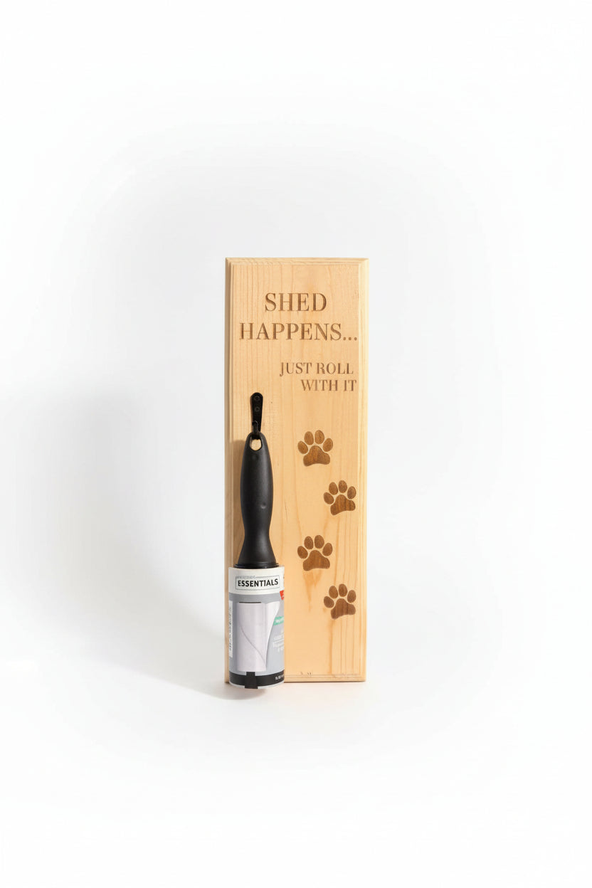 Pet grooming product with wooden box featuring 'Shed Happens... Just Roll With It' text.
