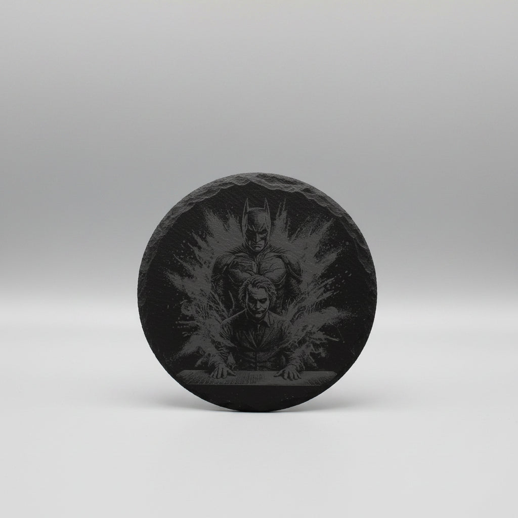 Decorative stone with engraved design of a superhero and two people on a textured wall.