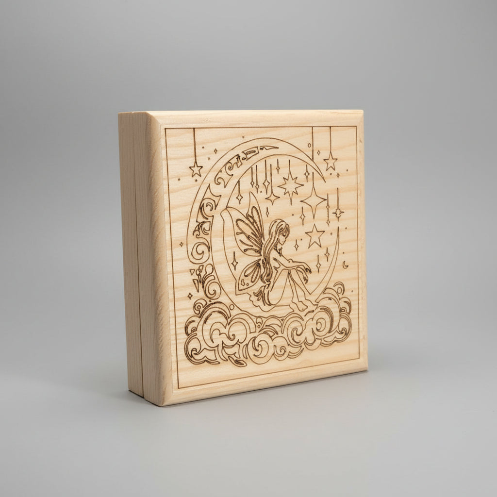 Wooden box with engraved fairy and moon design on a wooden surface.