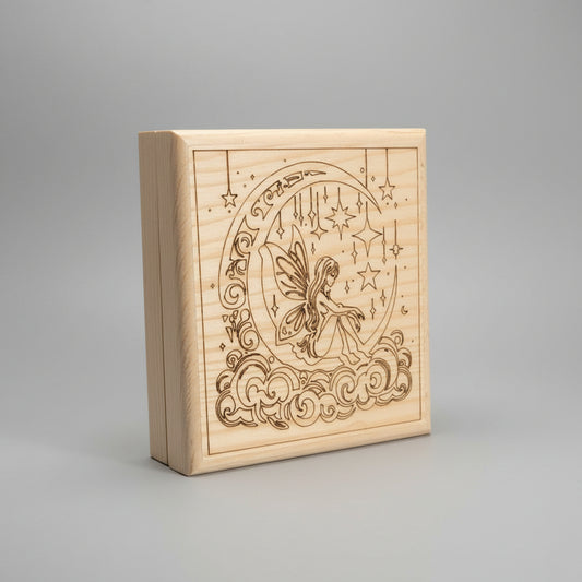 Wooden box with engraved fairy and moon design on a wooden surface.