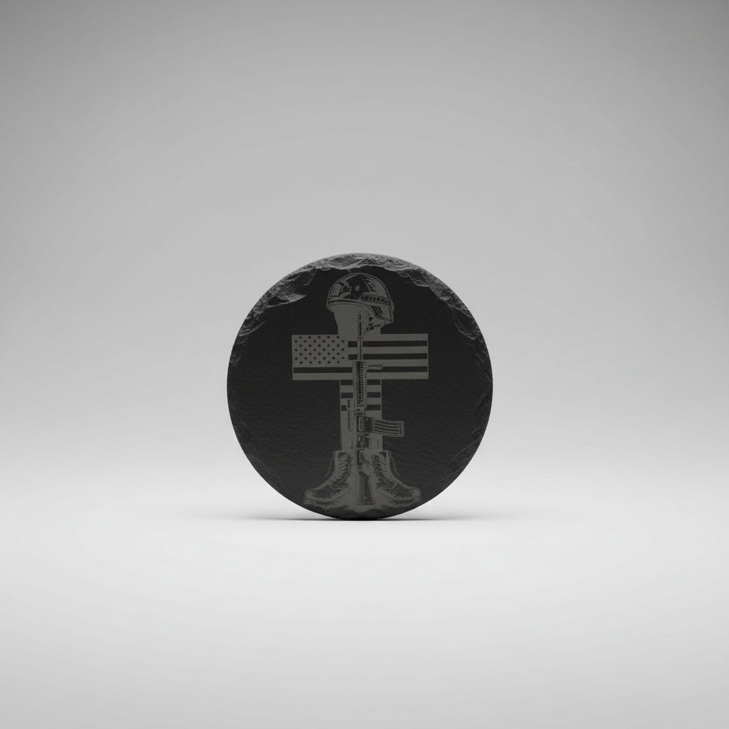 Decorative stone with a cross and helmet design on a neutral background