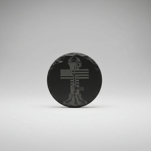 Decorative stone with a cross and helmet design on a neutral background