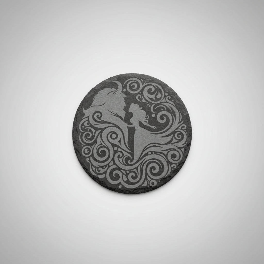 Decorative round object with a silhouette design on a pink surface